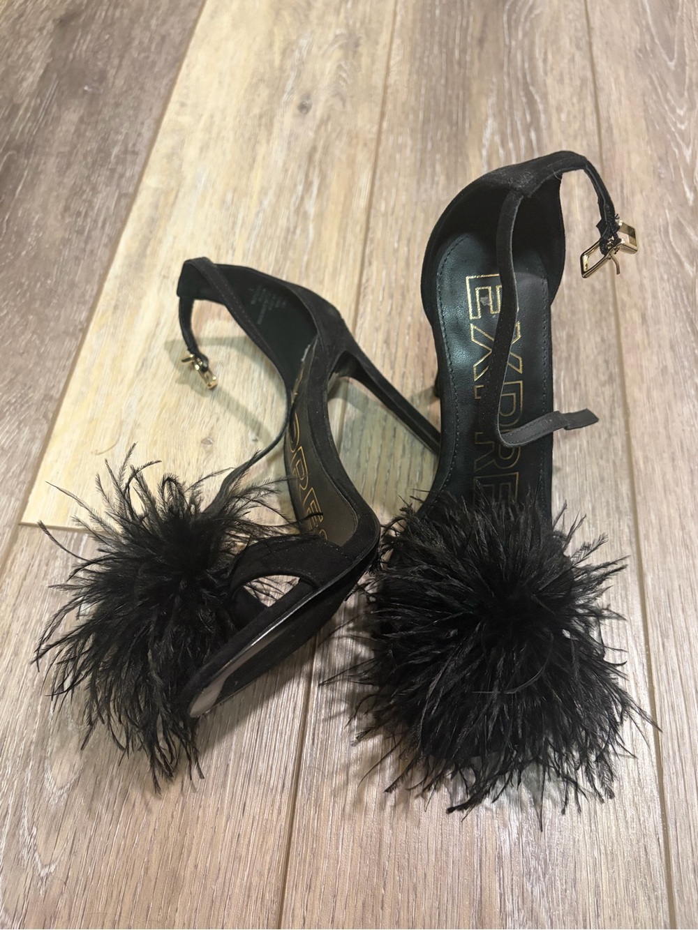 Express Black Feather Pom-Pom Ankle Strap Heels